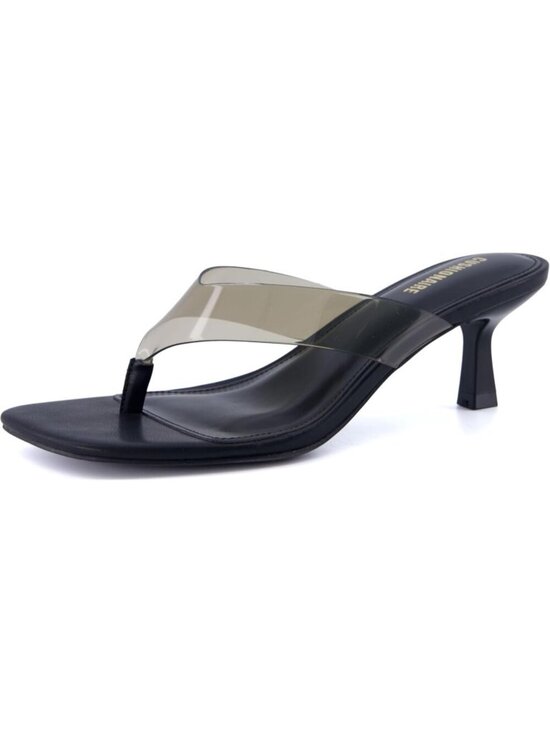 Shoes - Women's Kitten Heels Square Toe Black Flip Flop Sandal Heel with Memory Foam
